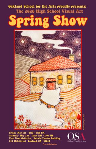 Spring show poster with cat watching house