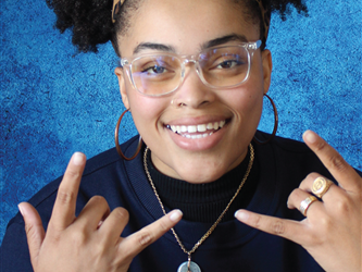 Student portrait with text