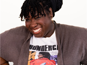 Student portrait with text
